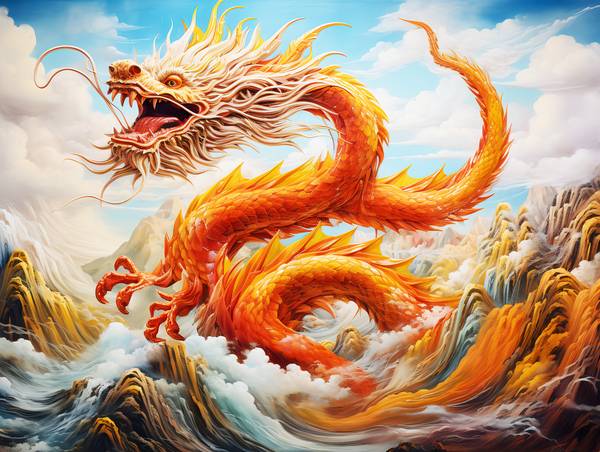 Dragon chinois doré au-dessus de la mer et des montagnes. Année du dragon. à Anja Frost