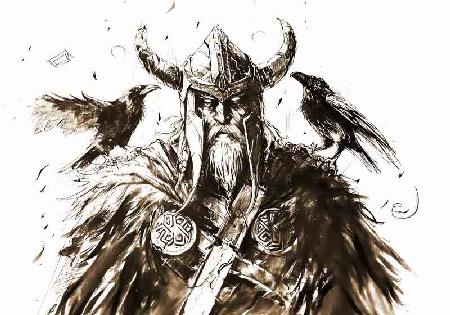  Dessin au crayon d\'Allvater Odin, le dieu suprême de la mythologie nordique, en compagnie de ses d