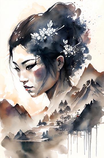 Geisha japonaise avec des fleurs dans les cheveux devant un paysage de montagne. Aquarelle.