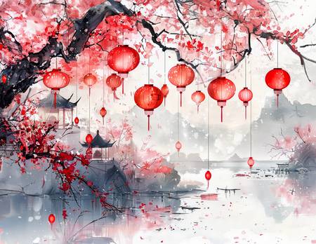 Lanternes chinoises dans un cerisier en fleurs. Complexe de temple.