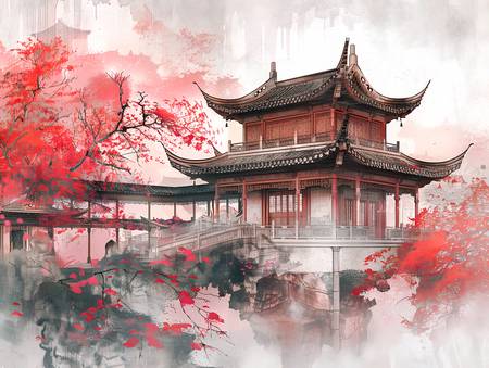 Temple chinois pendant la saison des cerisiers en fleurs.