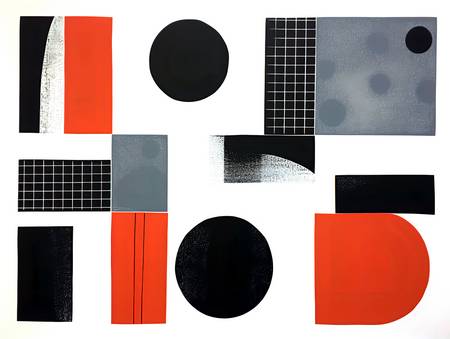 Abstraction Géométrique en Rouge, Blanc et Noir : Linogravure avec Cercles et Carrés