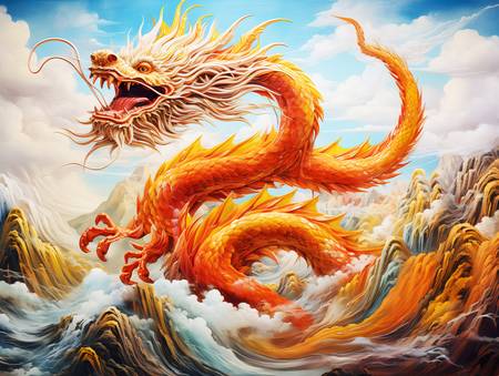 Dragon chinois doré au-dessus de la mer et des montagnes. Année du dragon.