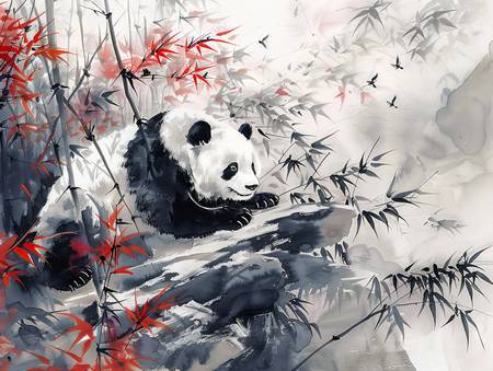 Chine. Grand panda se repose dans une forêt de bambous.