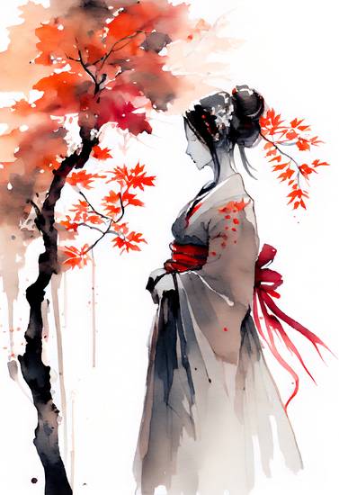  Geisha japonaise avec érable d\\\\\\\'automne. aquarelle