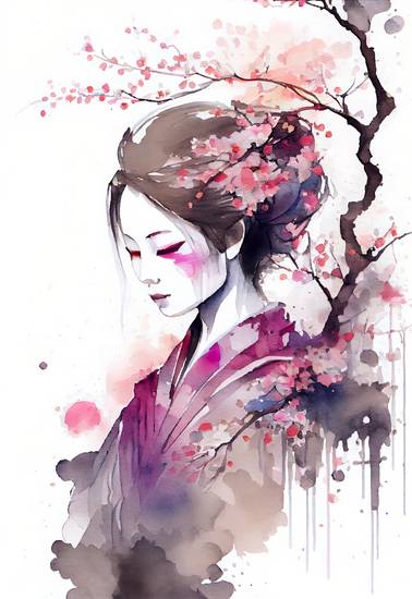  La floraison des cerisiers japonais. Portrait d\'une geisha au printemps.