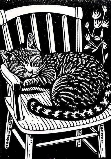  Le chat dort sur une chaise de jardin. linogravure