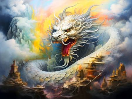 Vol magique du dragon au-dessus de la mer brumeuse. Année du Dragon avec un dragon chinois.