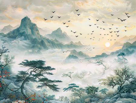 Soleil du matin sur les montagnes de Chine. Vol d\'oiseaux.