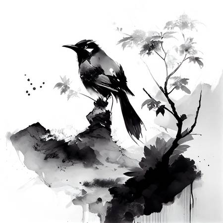 Pinceau et plume : un oiseau à l\\\'encre de Chine pris dans le charme de la peinture asiatique