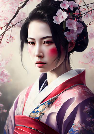 Rêve de Sakura : une geisha enchanteresse parmi les cerisiers en fleurs