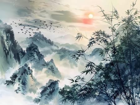 Essaim d\'oiseaux migrateurs survolant les montagnes de Chine.