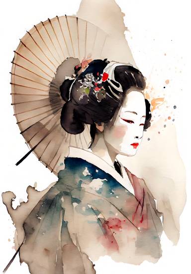 Geisha japonaise traditionnelle avec kimono et parasol. aquarelle