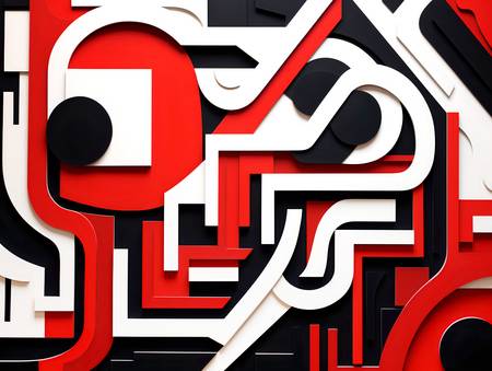 Fusion Enlacée Cercles et Carrés Rouges Blancs et Noirs avec Effet 3D
