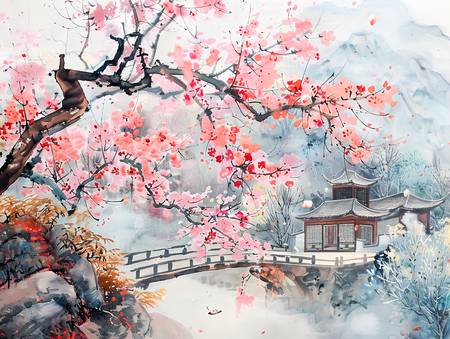 Temps des cerisiers en fleurs en Chine avec temple et pont sur l\'eau