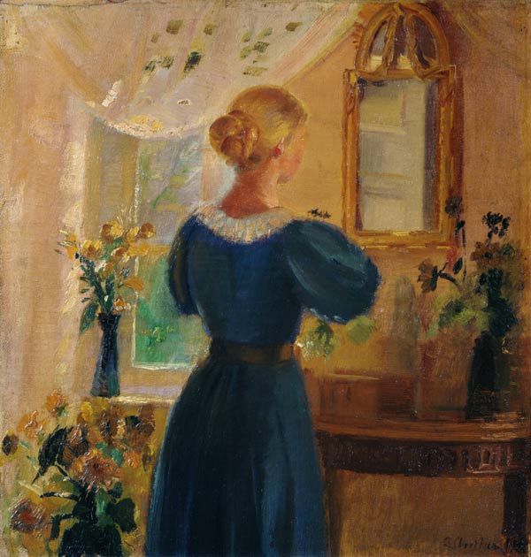 Woman in front of the mirror - Anna Ancher en reproduction imprimée ou  copie peinte à l\'huile sur toile