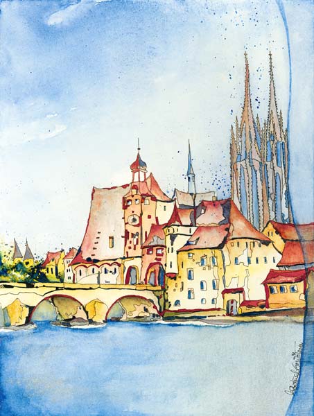 Deutschland, Regensburg: Altstadt mit Brücke. à Annette Bartusch-Goger