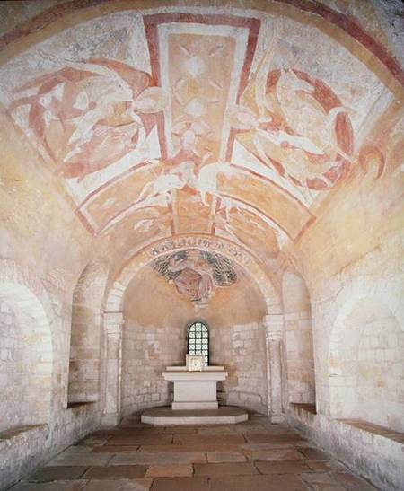 The Crypt, from the earlier church of 1030, with frescoes of Christ on a white horse surrounded by a à Anonym Romanisch
