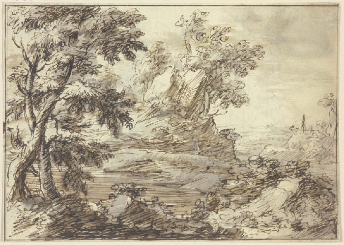 Bäume, im Vordergrund ein Fluss und Figuren, von denen eine in einem Boot steht à Anonyme