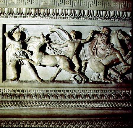 Alexander Sarcophagusdetail of frieze depicting two men killing a deer à Anonyme