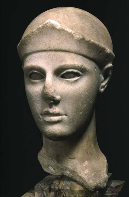 The Athena of Aegina, wearing a helmet, head of a statue, Greek,Aeginetan à Anonyme