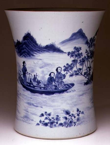 Blue and White Brushpot, painted with ladies in a punt, Chinese,Transitional period à Anonyme