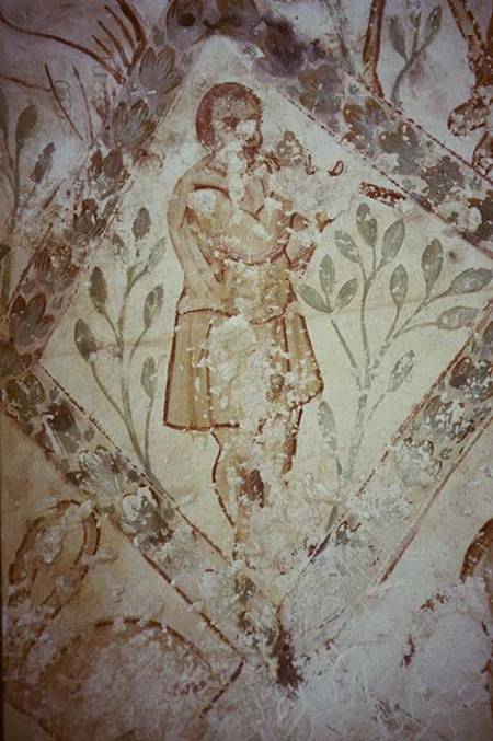 Fresco of a man in a Roman tunic playing a flutefrom the Apodyterium à Anonyme