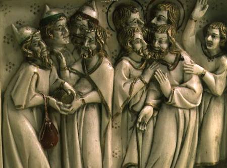 Judas receiving thirty pieces of silver, detail of ivory diptych,French à Anonyme