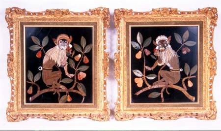 Pair of Italian pietra-dura panels of monkeys à Anonyme