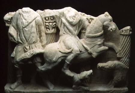 Roman fragmentary relief from a large sarcophagus depicting a boar hunt in high relief à Anonyme