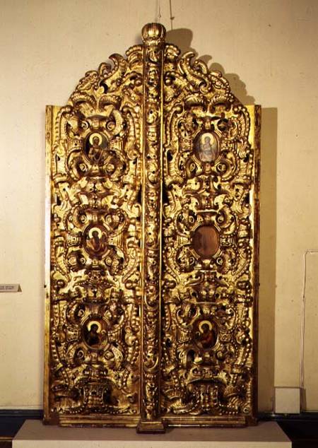 Royal Gates, double-folding altar doors on an iconostasis, decorated with small painted icons, Russi à Anonyme
