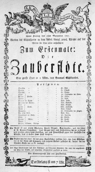 Poster advertising the premiere of 'The Magic Flute' by Wolfgang Amadeus Mozart at the Freihaustheat à Anonyme