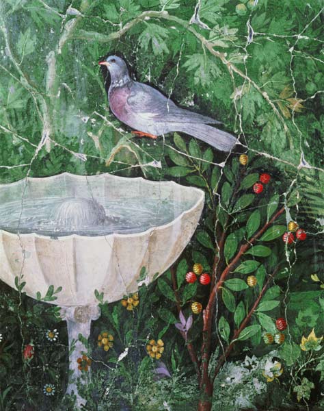 Wall painting of a dove in a garden by a fountain à Anonyme