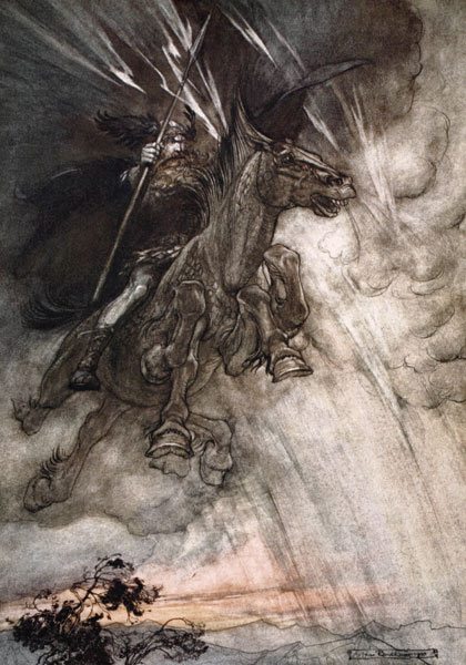 Furiously Wotan is riding to the rock. Illustration for "The Rhinegold and The Valkyrie" by Richard  à Arthur Rackham