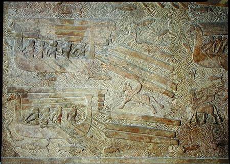 Relief depicting ships transporting wood, from the Palace of Sargon II, Khorsabad, Iraq à Assyrien