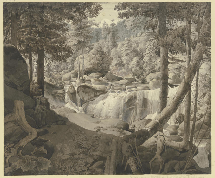 Waldlandschaft mit Wasserfall, im Hintergrund Pilger, über eine Brücke gehend à August Lucas