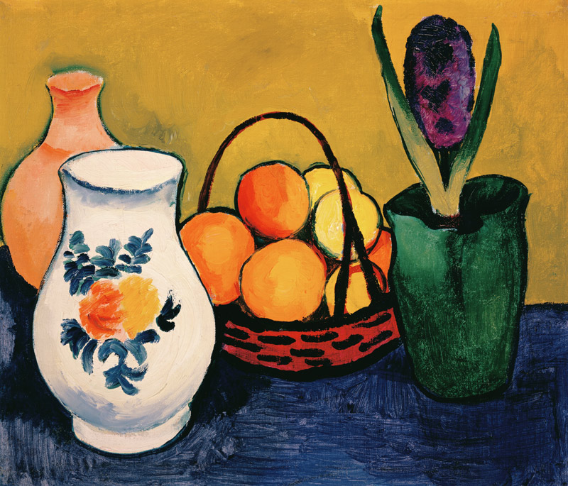 Cruche blanche avec des fleurs et des fruits à August Macke