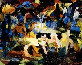 Paysage avec des vaches et des chameaux