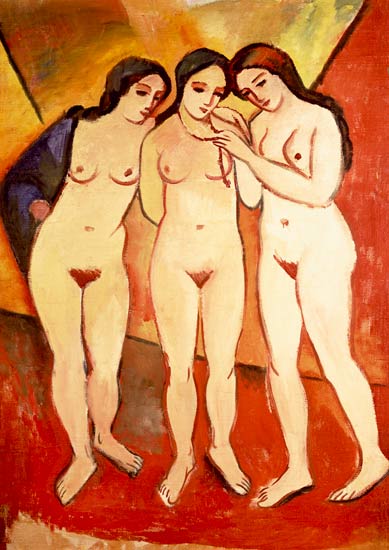 Three Naked Girls (red and orange) à August Macke