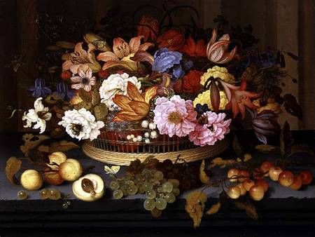 Still Life of Fruit and a Basket of Flowers à Balthasar van der Ast