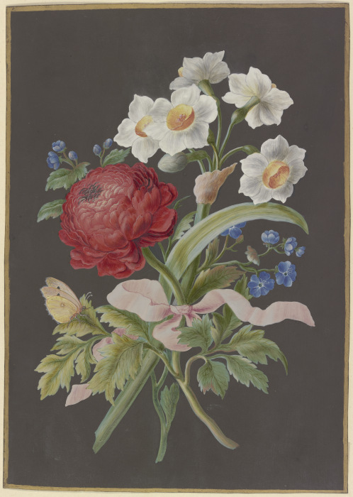 Blumengebinde mit roter Ranunkel (Ranunculus), weißer Tazette (Narcissus tazetta) und blauer Blume ( à Barbara Regina Dietzsch