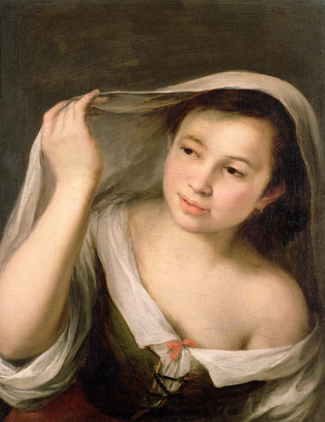 A young girl raising her veil à Bartolomé Esteban Perez Murillo