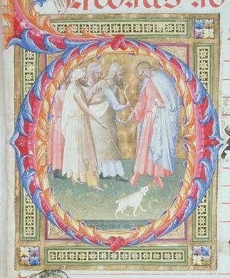 Ms 518 f.1r Historiated initial 'O' depicting Tobias and the Angel (vellum) à Bartolomeo di Frusino