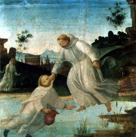 Scenes from the Life of St. Benedict: Maurus, on the instruction of St. Benedict, pulls Placidus fro à Bartolomeo  di Giovanni