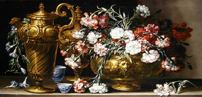 Still Life with Pinks in a case and a Florentine ewer on a ledge (oil on canvas) à Bartolommeo Bimbi