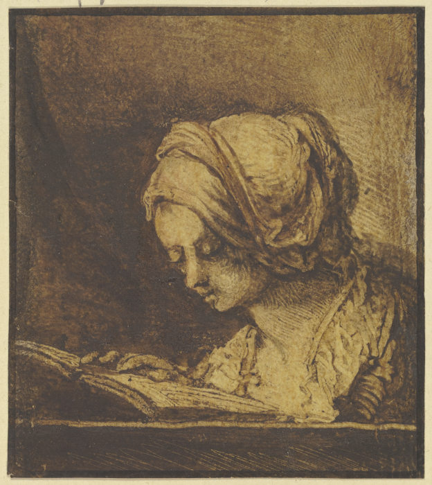 Brustbild eines lesenden Mädchens mit Haube - Benjamin Calau