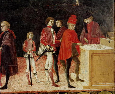 The Council Finances in Times of War and of Peace, detail of mercenary soldiers receiving their pay à Benvenuto  di Giovanni