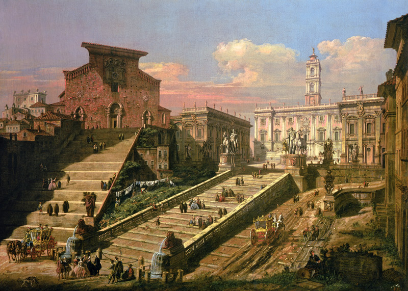 The Piazza del Campidoglio and the Church of S. Mario d'Aracoeli, Rome (oil on canvas) à Bernardo Bellotto
