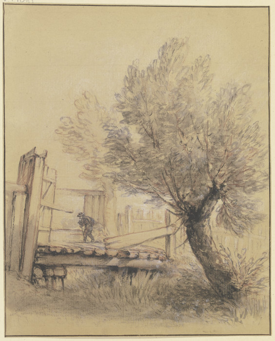 Weidenbaum bei einer Holzbrücke, über die ein Mann schreitet à Bernhard Rode