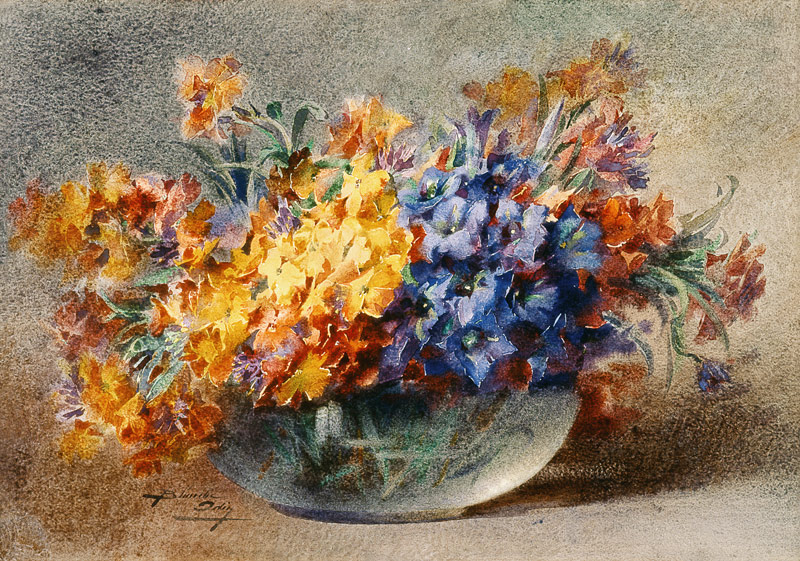 Spring flowers in a glass bowl à Blanche Odin